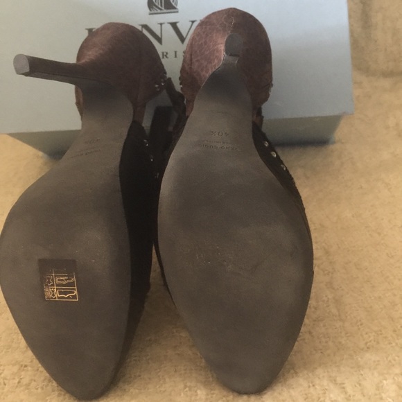 LANVIN blk & brn satin & leather with rhinestones HEELS with a buckle shoes ๐HP - Picture 7 of 13